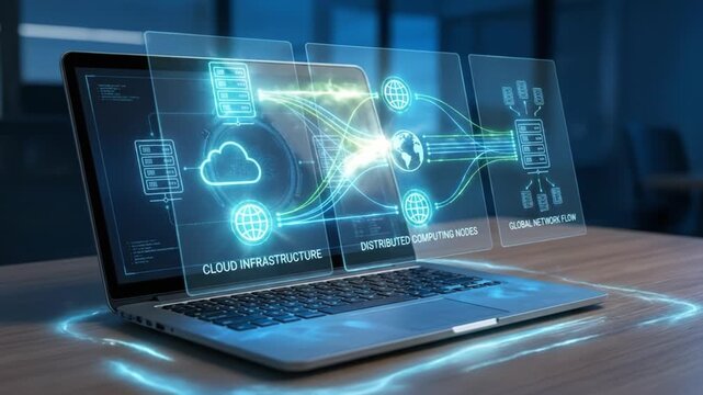 Cloud infrastructure distributed computing network flow laptop technology digital data connection computing system holographic interface communication server information software global nodes transfer