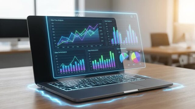 Data flow analysis and performance visualization with digital graph charts on laptop at office desk showcasing business analytics technology and colorful data dashboard workspace
