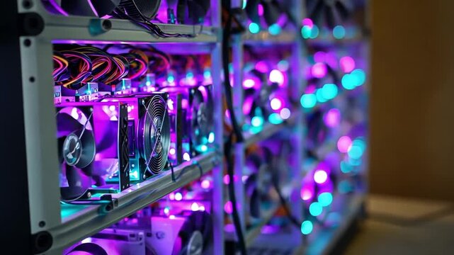 High-Tech Cryptocurrency Mining Rig with Colorful LED Lights