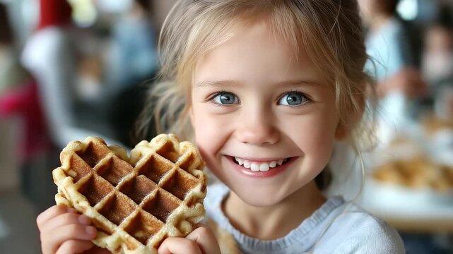 Girl smiling happily holding heart-shaped waffle, children's blog imagery, candy advertisement visual, family leisure article, cooking class scene, sweet treat enjoyment, faceless
