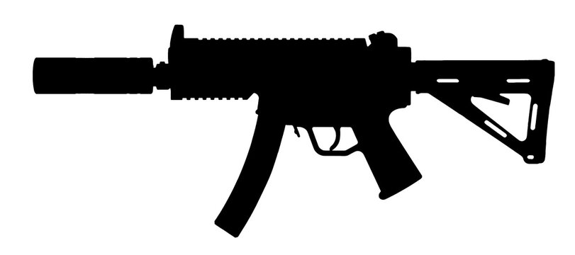 MP5 submachine gun silhouette with optic sight isolated on black background