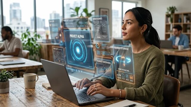 Woman working on laptop with digital interface showing project management, cloud storage, and budget overview in modern office environment focused on task and teamwork technology wireframes
