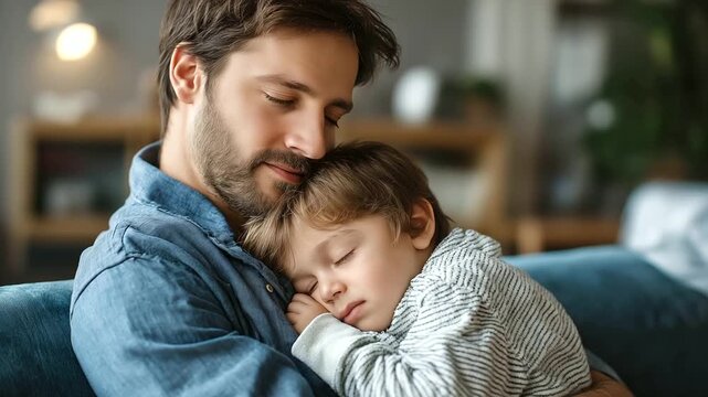 Tender father hugging sleeping son on sofa, warm family moment, parenting article imagery, family values visual, relationship psychology theme, parent-child bond, peaceful rest