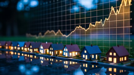 Real estate houses with financial market chart representing property investment and housing market growth