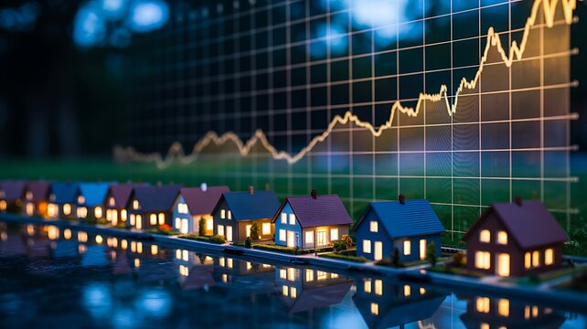 Real estate houses with financial market chart representing property investment and housing market growth