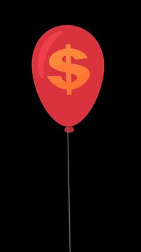 Conceptual animation of scissors cutting a dollar balloon string, symbolizing inflation and loss of value. Chroma key green screen with alpha channel.