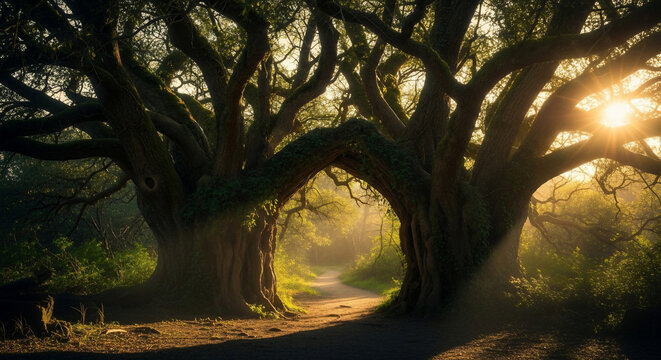 Pathway of wonder: The photo features two large, intertwined trees that create a natural archway, leading the eye into a sun-dappled path of endless possibilities.
