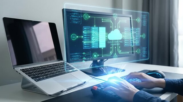 Cloud computing dashboard with data server icons on transparent screen, hands typing on keyboard, laptop and monitor in modern office environment showcasing digital network technology