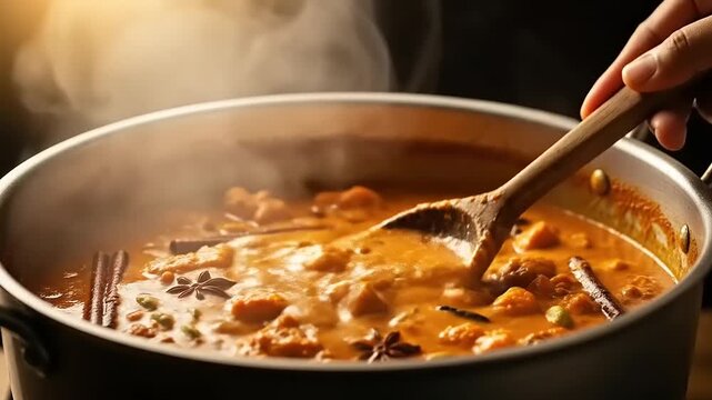 Closeup of a hand stirring a steaming pot of delicious curry with a wooden spoon showcasing the rich texture and aromatic spices of the dish.