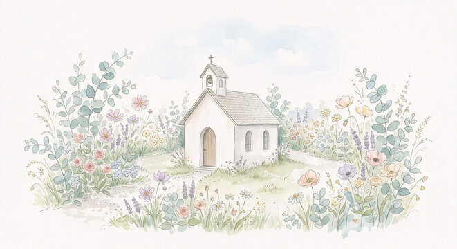 Watercolor Christian Church Landscape Baptism Illustration