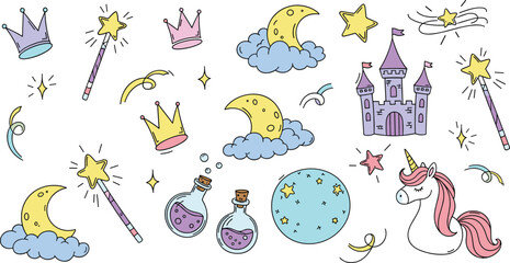 Cute Magic Fantasy Doodle Vector Set with Unicorn, Castle, Moon, Crowns, Potions and Star Wands © MdAlom
