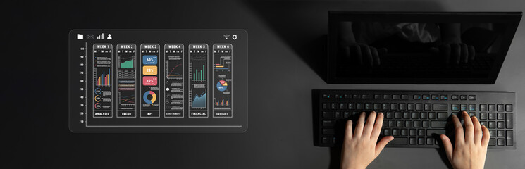 A weekly business performance report and analytics dashboard. A concept for tracking trends, KPIs, financial data, and insights over time. Motif