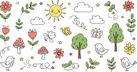 Cute Nature Doodle Vector Set with Sun, Flowers, Trees, Birds, Butterflies, Mushrooms and Garden Elements © MdAlom