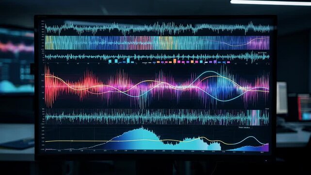 Medium shot of an interactive realtime spectrum analysis dashboard focusing on live troubleshooting signals and spectrum management data with the peripheral scene blurred to