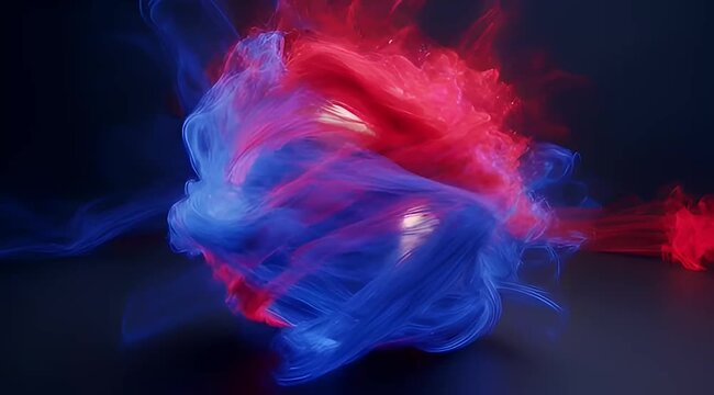 Abstract image of colliding red and blue smoke or energy flows swirling