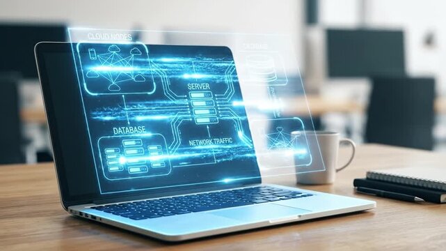 Cloud nodes server database network traffic laptop office technology data flow digital interface workspace communication information system modern connection electronic screen hologram data