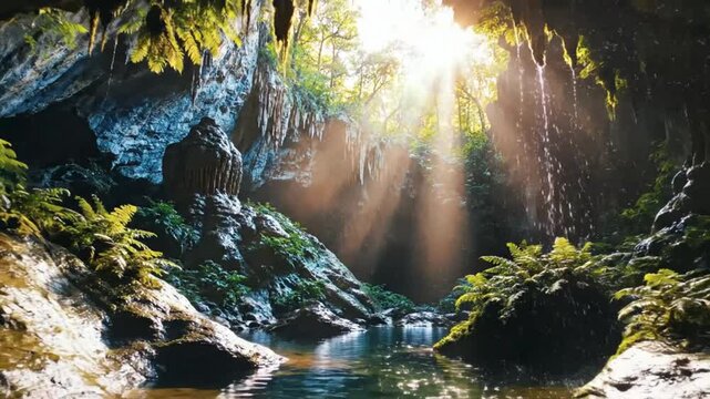 Lush cave scene with a natural water stream, dappled sunlight, and a detailed stalactite formation