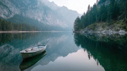 Poster Reflectie Wooden rowboat floating on a calm mountain lake with misty peaks and evergreen forest reflected in the still water.  © Innavector