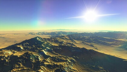 Sun-Blazed Alien Peaks Under a Luminous Blue and Yellow Sky