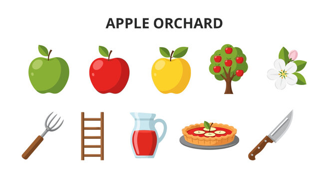 Apple orchard elements displayed in two rows fruits tree blossom tools and baked goods