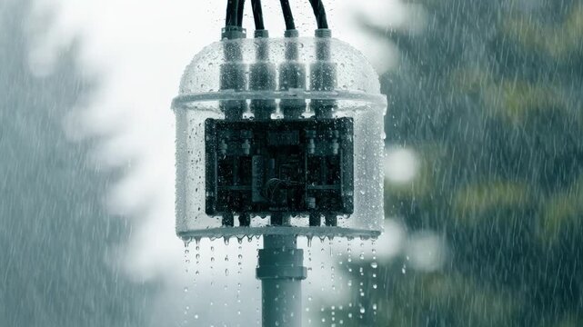 Polemounted plastic satellite splitter box in clear focus surrounding outdoor environment softly blurred emphasizing durable moistureresistant design.