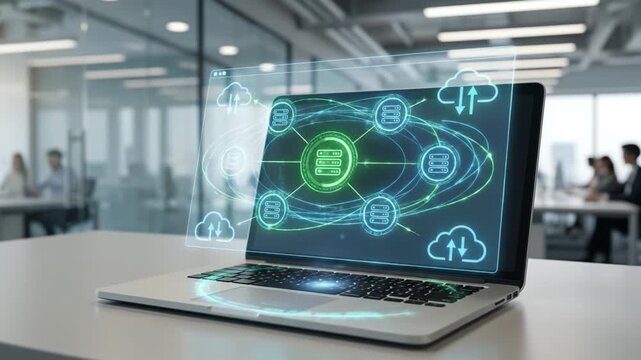 Cloud computing laptop technology digital network data transfer with holographic interface in modern office workspace combining computer and server connection for business efficiency