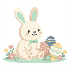 Obraz premium Cute sitting Easter bunny rabbit with decorated pastel eggs vector illustration isolated on white.