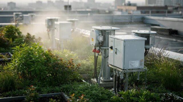Medium shot of water mist system activating over transmitter units on a planted roof with background elements faded to highlight evaporative cooling techniques.