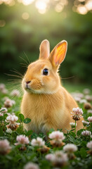 Fototapeta premium Close-up of a fluffy orange rabbit surrounded by clover flowers, reflecting nature, serenity, and gentle life in sunny, outdoor setting