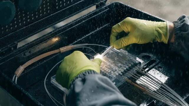 Technicians hands delicately fusing fiber strands inside a weatherproof cabinet interior shallow depth of field accentuating the splice closure details.