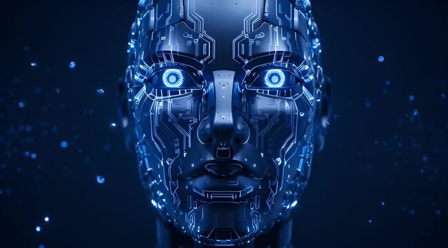 Futuristic humanoid robot face with glowing blue eyes and intricate circuit patterns