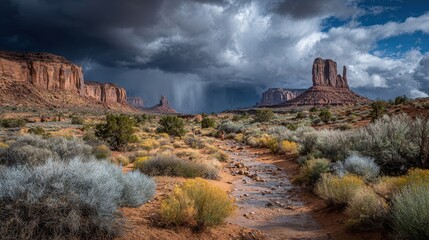 Fototapeta premium Dramatic storm clouds over Monument Valley desert buttes with a small stream winding through colorful shrubs and red sand.