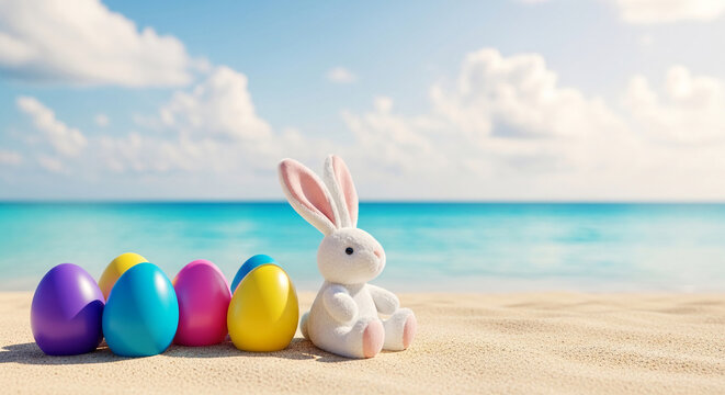 Sandy beach with colorful eggs and soft bunny. Easter concept, showing celebration on the coastline, symbol of spring, hope, and new beginning