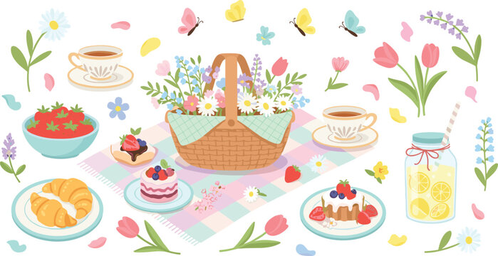 Spring Picnic Tea Party Vector Set with Basket, Croissants, Cakes, Lemonade, Flowers and Cozy Outdoor Dessert Scene