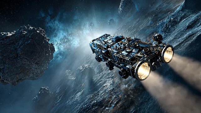 Futuristic Spacecraft Exploration in Asteroid Field Background