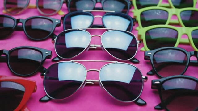 Sunglasses displayed on pink surface with variety of frames and lens colors for fashion accessories
