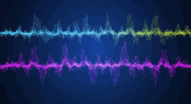 Vibrant sound wave patterns in blue, purple, and yellow hues on dark background.