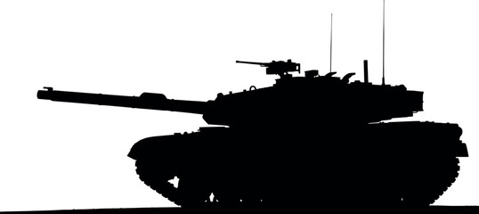 Silhouette of a modern battle tank against a stark white background © Sujon