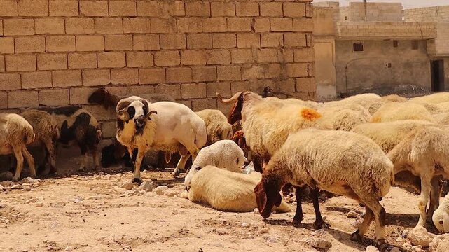 Two rams clash horns in a fierce dominance fight inside a sheep herd. Powerful livestock behavior showing competition, hierarchy, and breeding rivalry in rural farming, ideal for wildlife documentary