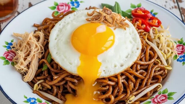 Traditional Mie Goreng Indonesian Fried Noodles with Sunny Side Up Egg and Shredded Chicken