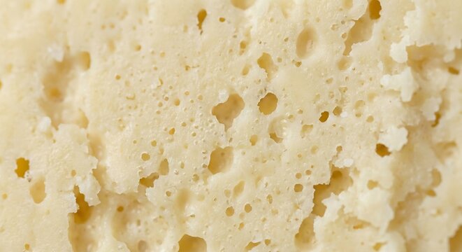 Extreme macro texture of aerated cheese with numerous small bubbles and porous dairy structure. Abstract organic food background suitable for packaging, food design and culinary marketing.