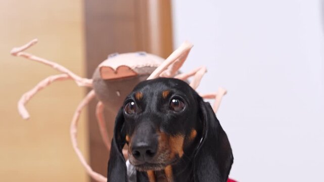 A close-up of a black and tan dachshund being attacked by a toy tick with long legs while looking straight ahead indoors, a funny interpretation of protecting pets from parasites.