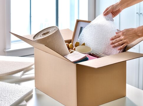 A person's hands carefully placing bubble wrap over household items inside a cardboard box. This image depicts the process of packing belongings, moving to a new home, decluttering, or relocation