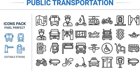 Public Transportation Outline Vector Icon Set — Bus, Train, Metro, Tram, Airplane, Taxi, Scooter, Bicycle, Ship, Editable Stroke Icons © Pixel_Forge
