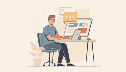 Vector illustration of a male entrepreneur sitting at a desk using a laptop and monitor to manage a business dashboard featuring notification bell and chat bubble icons.