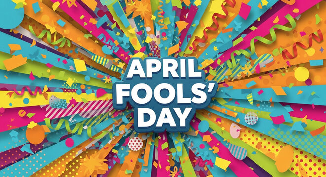 A vibrant and colorful graphic design celebrating April Fools' Day with confetti and ribbons