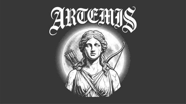 Greek goddess Artemis marble statue bust with bow and arrows vector illustration