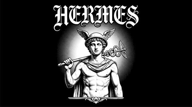 Hermes Greek god holding caduceus staff vintage woodcut streetwear illustration