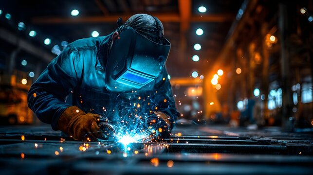 Schwei&szlig;er arbeitet konzentriert mit Funkenflug in moderner Industriehalle bei Nacht