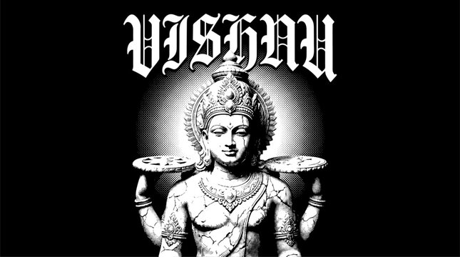 Lord Vishnu Hindu deity statue halftone texture gothic typography vector illustration